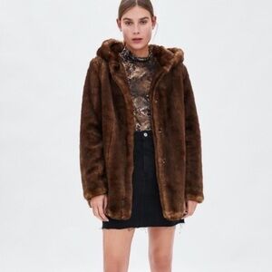 ZARA’S TRF COLLECTION FAUX FUR MINK HOODED JACKET Size SMALL •LIKE NEW•